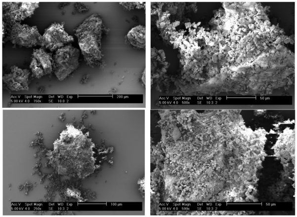 microscope captures of electrons of blends prepared in different mass ratio (coarse /fine particles)